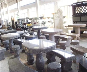 Stone Table and Bench, Pink Granite Bench