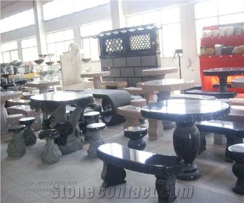 Stone Table and Bench, Black Granite Bench