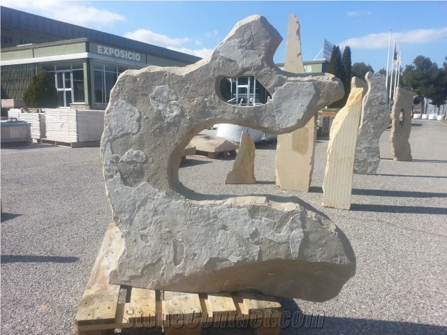 Stone Monoliths Eco-Garden, Beige Sandstone Sculpture, Statue