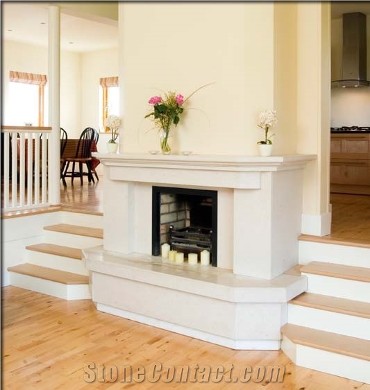 Cream Limestone and Rosa Aurora Marble Fireplace, Beige Limestone Fireplace