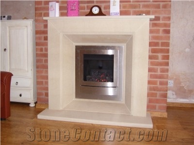 Limestone Fireplace with Insert Fire, Branco De Mos Beige Limestone