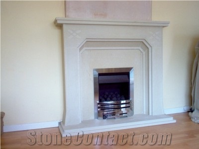 Limestone Fireplace with Insert Fire, Branco De Mos Beige Limestone