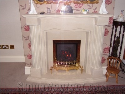 Limestone Fireplace with Insert Fire, Branco De Mos Beige Limestone