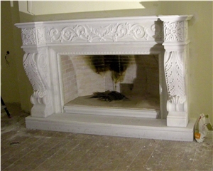 Fire Place with Baroque Decorations, Afyon White Marble Fireplace Fire Place with Baroque Decorations, Afyon White Marble Fireplace
