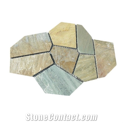 Yellow Slate Flagstone on Net,China Yellow Slate on Net,Black Slate Flagstone,China Yellow Slate Paving, Floor Covering