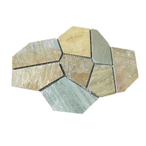 Yellow Slate Flagstone on Net,China Yellow Slate on Net,Black Slate Flagstone,China Yellow Slate Paving, Floor Covering