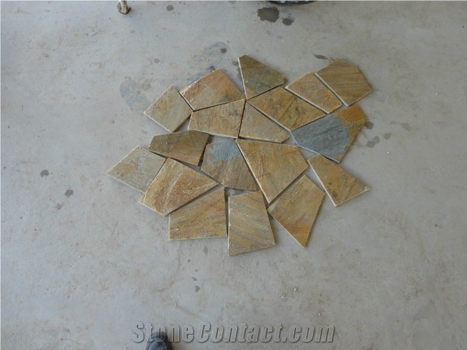 Yellow Slate Flagstone on Net,China Yellow Slate on Net,Black Slate Flagstone,China Yellow Slate Paving, Floor Covering