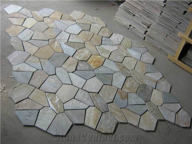 Yellow Slate Flagstone on Net,China Yellow Slate on Net,Black Slate Flagstone,China Yellow Slate Paving, Floor Covering