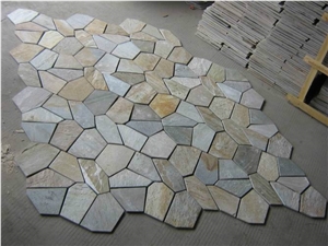Yellow Slate Flagstone on Net,China Yellow Slate on Net,Black Slate Flagstone,China Yellow Slate Paving, Floor Covering