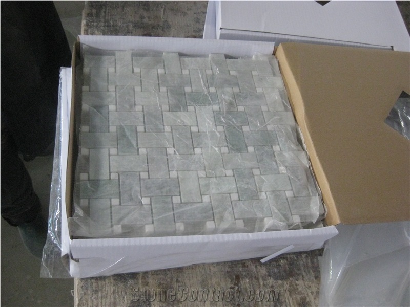 Ming Green Mix White Marble Basketweave Mosaic