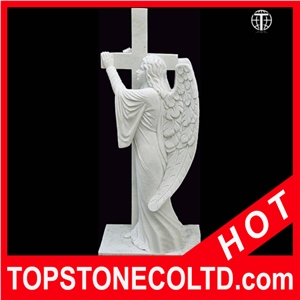 Angel with Cross Marble Statue, White Marble Statue