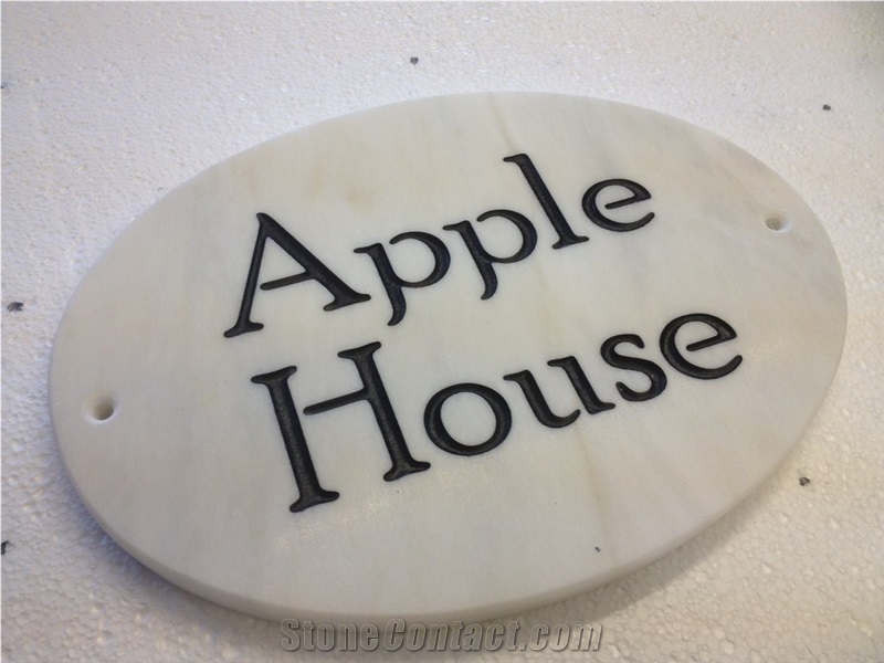 White Marble House Sign, Bianco Carrara White Marble Sign