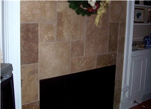 Fireplace Reface Project, Noce Brown Travertine Fireplace