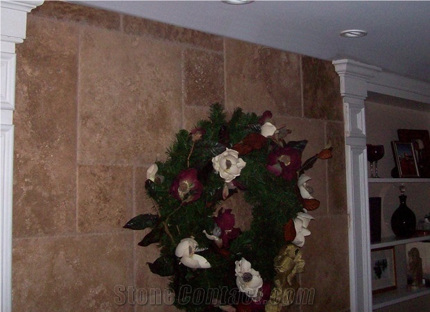 Fireplace Reface Project, Noce Brown Travertine Fireplace