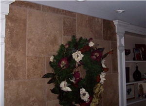 Fireplace Reface Project, Noce Brown Travertine Fireplace