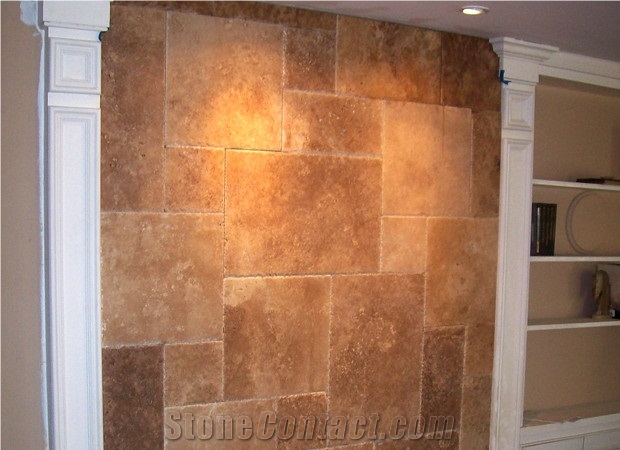 Fireplace Reface Project, Noce Brown Travertine Fireplace