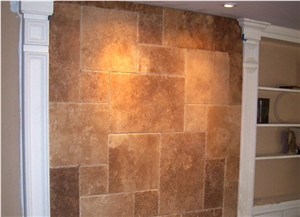 Fireplace Reface Project, Noce Brown Travertine Fireplace