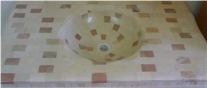 Jerusalem Gold Stone Mosaic Wash Basin, Jerusalem Gold Limestone Wash Basin