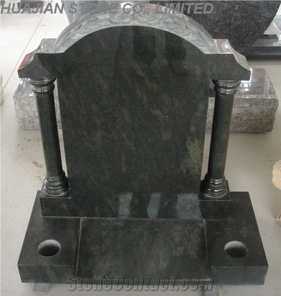 Black Granite Upright Monument with Carving Flowers