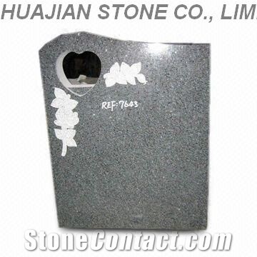 Grey Granite with Carving Flower, Headstone, Monum