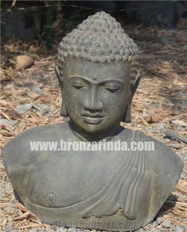 Buddha Bust, Buddha Bust on Base, Buddha Head, Stone Carving Grey Sandstone Sculpture, Statue