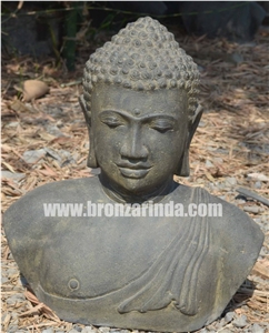 Buddha Bust, Buddha Bust on Base, Buddha Head, Stone Carving Grey Sandstone Sculpture, Statue