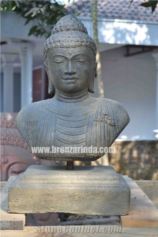 Buddha Bust, Buddha Bust on Base, Buddha Head, Stone Carving Grey Sandstone Sculpture, Statue