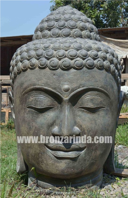 Buddha Head, Buddha Head on Base, Buddha Relax, Bu, Stone Carving Grey Sandstone Sculpture, Statue