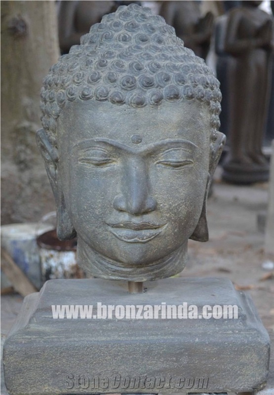 Buddha Head, Buddha Head on Base, Buddha Relax, Bu, Stone Carving Grey Sandstone Sculpture, Statue