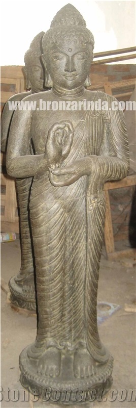 Standing Buddha, Stone Carving Grey Sandstone Sculpture, Statue
