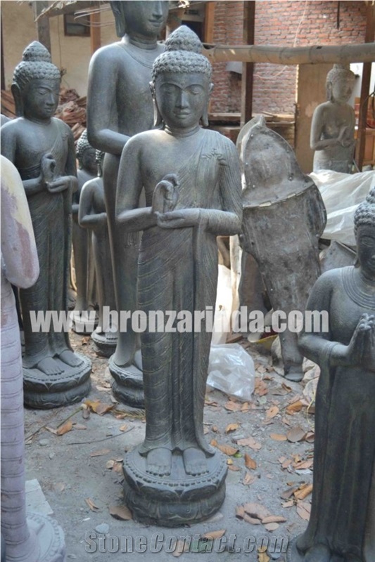 Standing Buddha, Stone Carving Grey Sandstone Sculpture, Statue