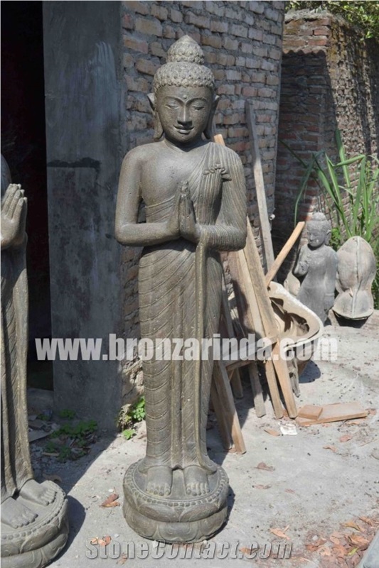 Standing Buddha, Standing Buddha Sculpture, Black Temple Lavastone Grey Basalt Sculpture
