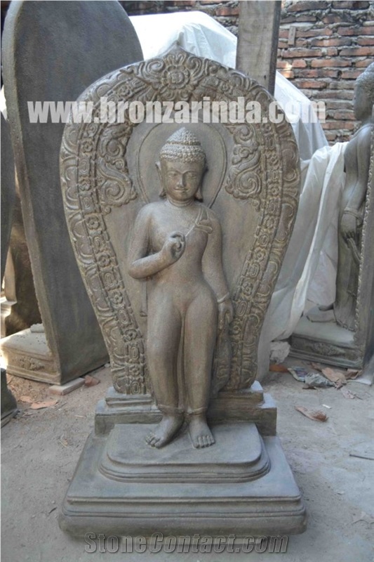 Standing Buddha, Standing Buddha Sculpture, Black Temple Lavastone Grey Basalt Sculpture
