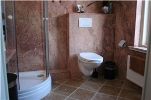 Taurus Rose Marble Wall, Noce Travertine Floor Bat, Taurus Rose ,Noce Travertine Red Marble Bath Design