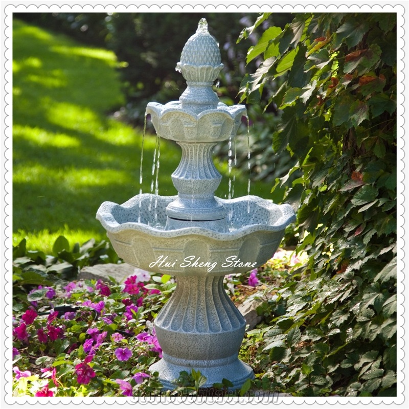 Grey Fountain with Two Bowls and Pineapple on, Grey Granite