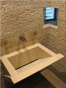 Jura Beige Chisseled Wall and Carved Basin, Jura Beige Limestone Basin