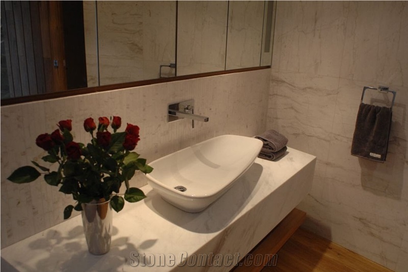 Volakas Marble Strip Mosaic Wall and Shelf, Volakas White Marble Bath Design