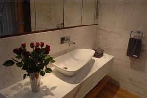 Volakas Marble Strip Mosaic Wall and Shelf, Volakas White Marble Bath Design Volakas Marble Strip Mosaic Wall and Shelf, Volakas White Marble Bath Design