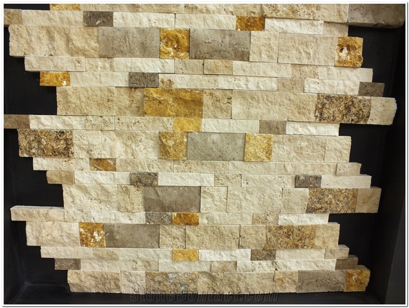 Panel Split Face Mosaic, 3 Mix Classic Noche Yellow Travertine