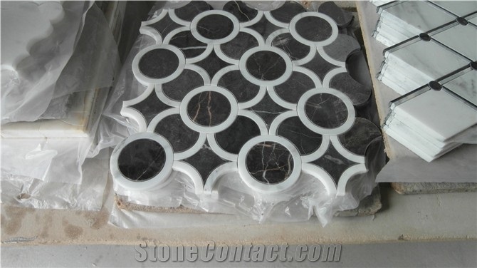 Mosaic Flooring Tile, Magic Flooring Tile, Nero Marquina ,Carrara White Marble Mosaic