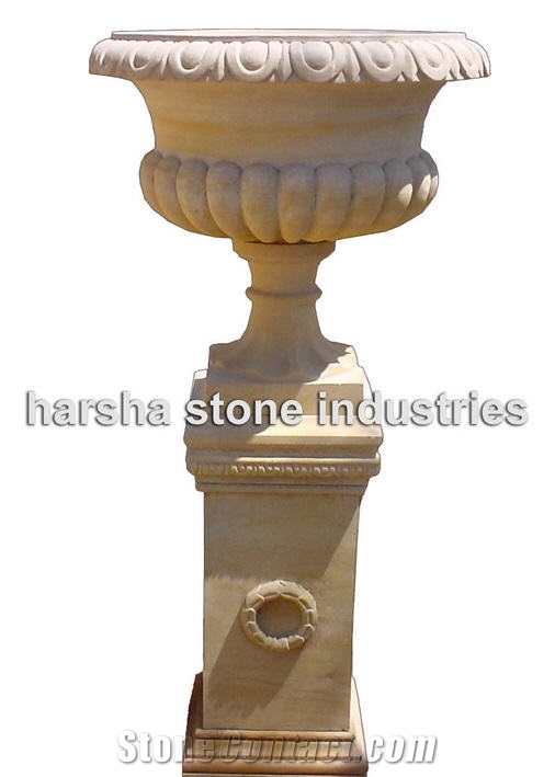 Yellow Teak Sandstone Flowerpot, Teak Wood Yellow Sandstone Pot