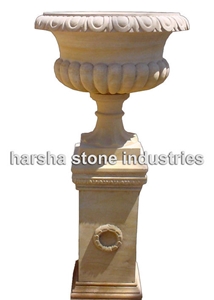 Yellow Teak Sandstone Flowerpot, Teak Wood Yellow Sandstone Pot