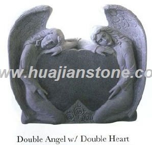 Double Angel Holding a Single Heart Monument, Grey Granite Heart Monument