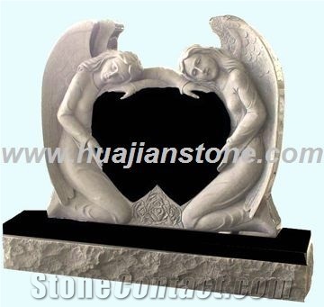 Double Angel Holding a Single Heart Monument, Grey Granite Heart Monument