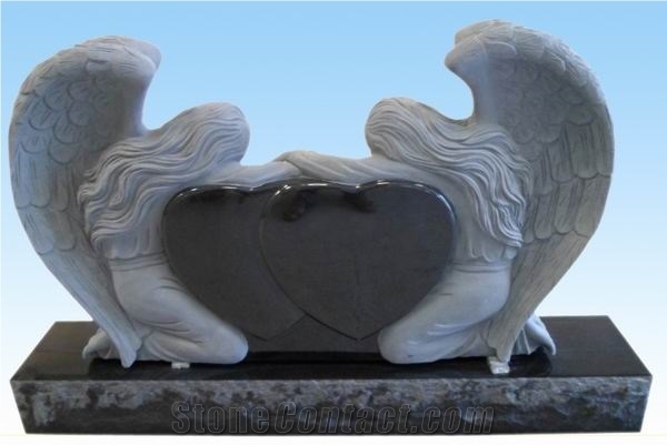 YAKING Double Angel Holding Double Heart, Jet Black Granite Monument, Tombstone