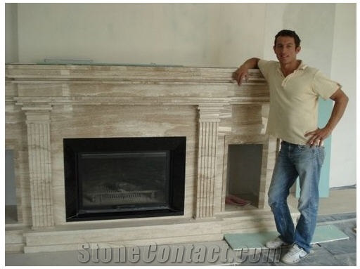 Beige Limestone Fireplace
