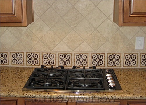 Tumbled Travertine Stone in Diamond Pattern Backsplash, Classic Beige Travertine Traditional Kitchen Design