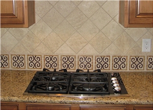 Tumbled Travertine Stone in Diamond Pattern Backsplash, Classic Beige Travertine Traditional Kitchen Design