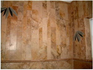 River Gold Tiles with Bamboo Inlay Motif, River Gold Yellow Travertine Bath Design