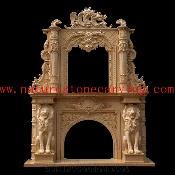 Beige Marble Fireplace Hearth / Sculptured Handcarved Fireplace Mantel /Masonry Heaters